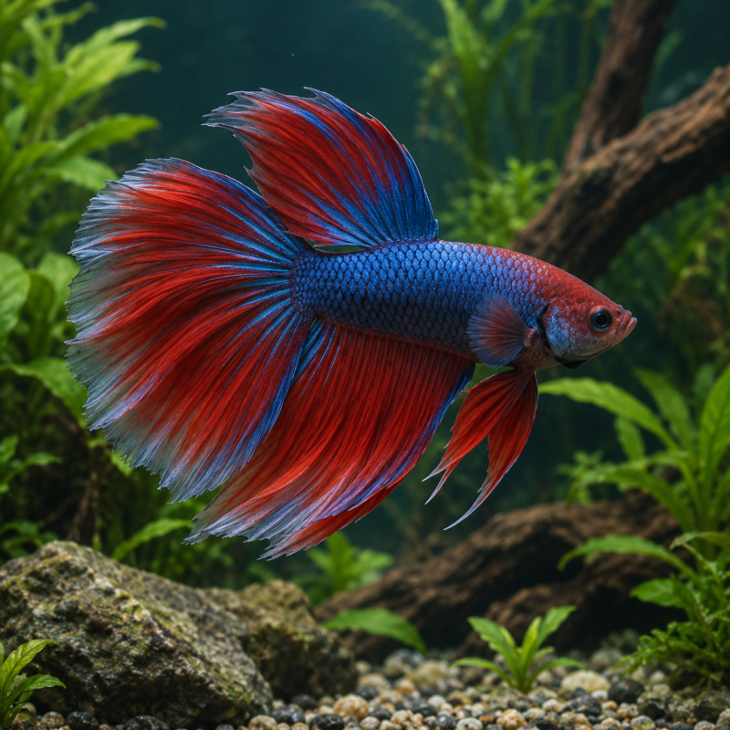 AI-generated reference illustration: red and blue Betta splendens. Actual fish, colors and fins may vary.