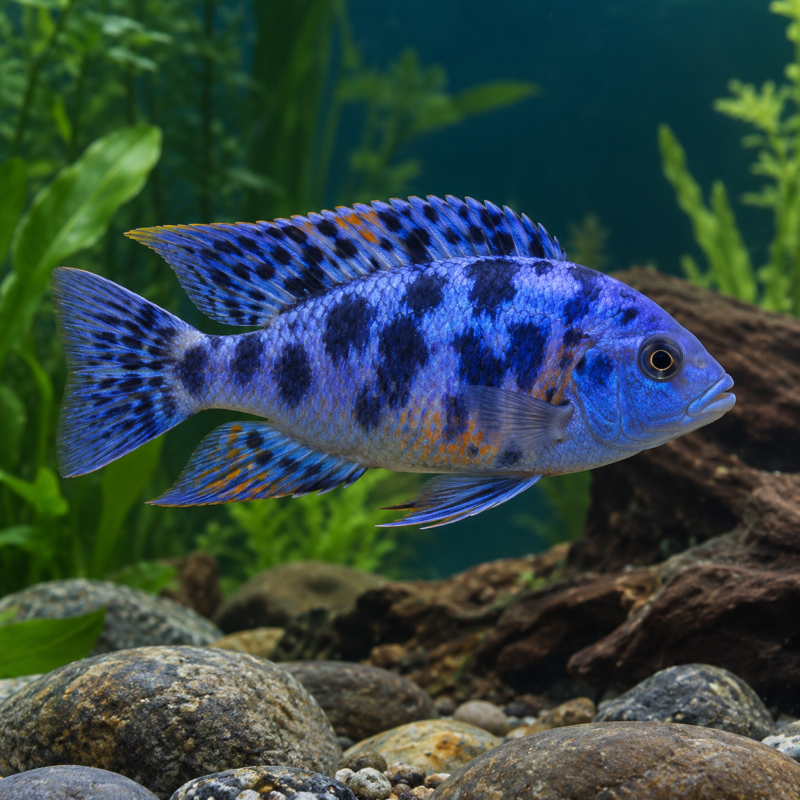 AI-generated reference illustration: Blueberry OB Peacock cichlid with blue coloration and dark mottled markings. Actual stock may vary.
