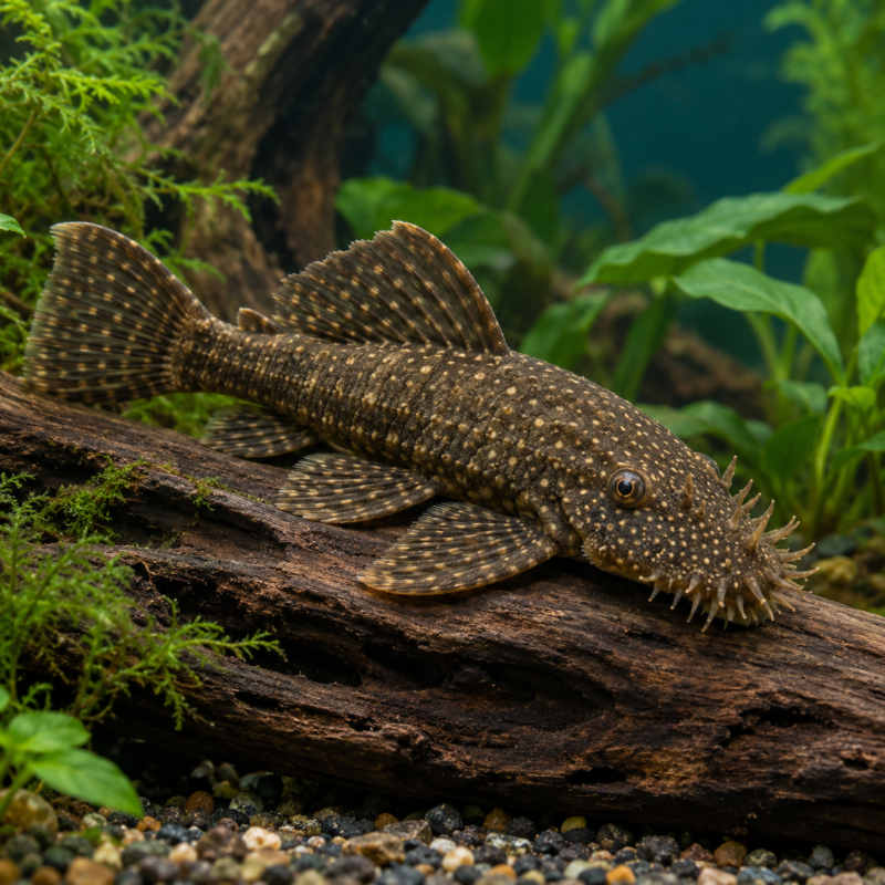 AI-generated reference illustration: brown bristlenose pleco with pale spots and short snout bristles. Actual stock may vary.