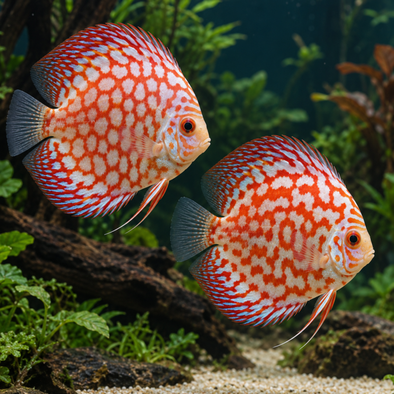 AI-generated reference illustration: two Checkerboard Red Panda discus with red-and-white patterned bodies. Actual stock may vary.