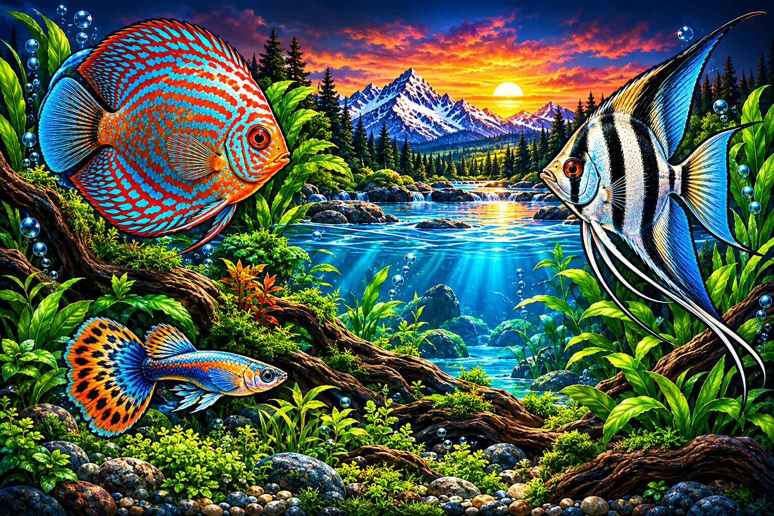 Colorful illustration of discus, angelfish and a guppy with Colorado mountains and an aquarium