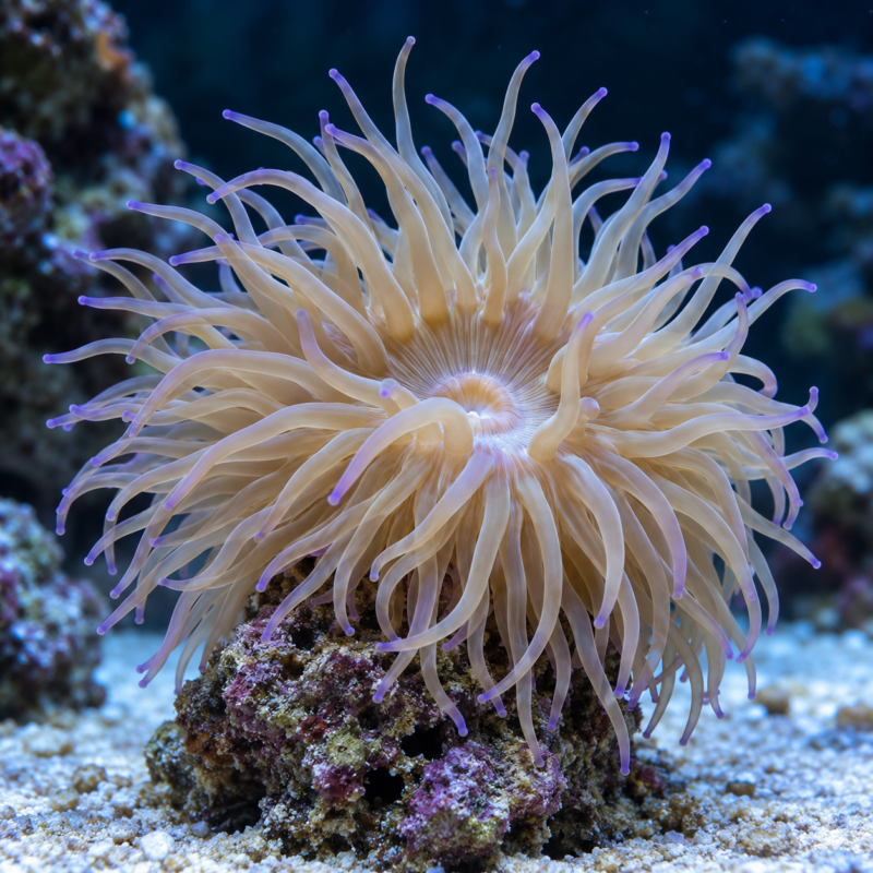 AI-generated reference illustration: cream Condylactis anemone with long purple-tipped tentacles. Actual stock may vary.