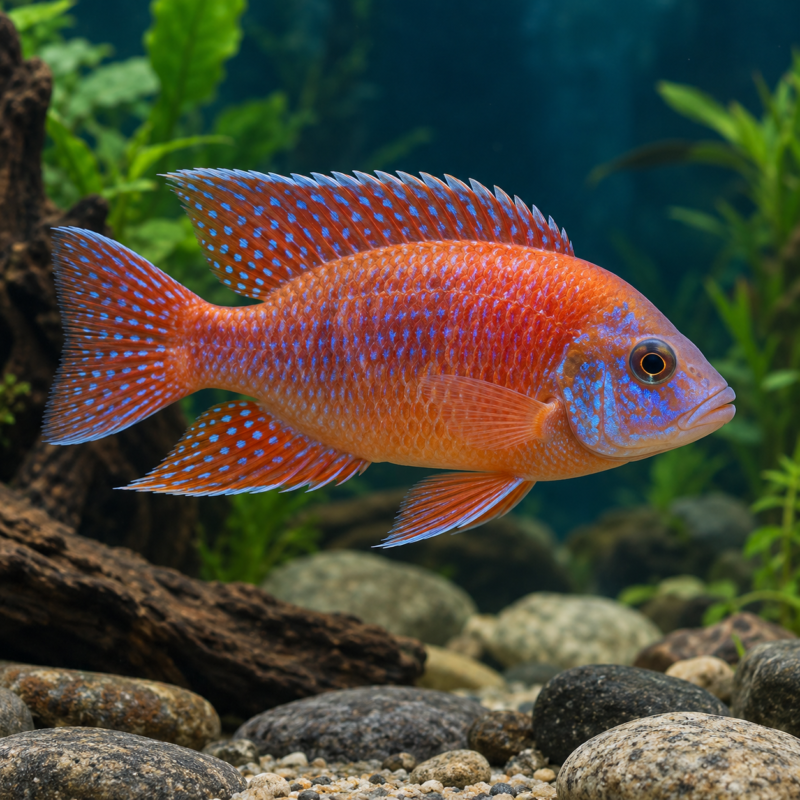 AI-generated reference illustration: orange-red Dragon Blood Peacock cichlid with blue speckles. Actual stock may vary.