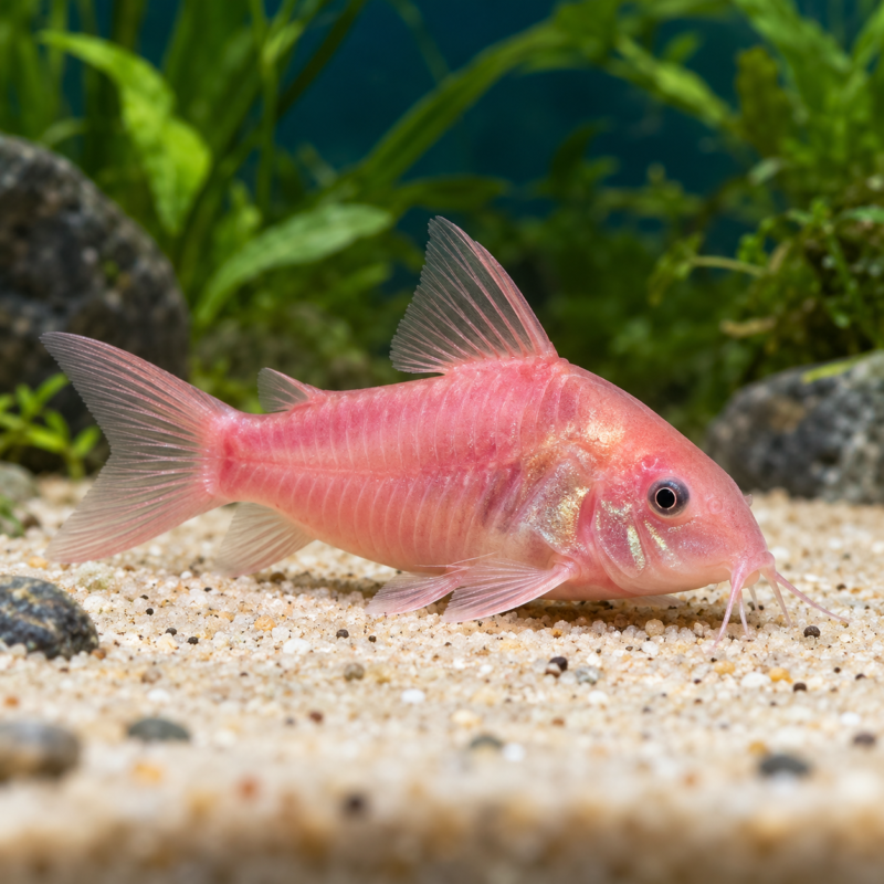 AI-generated reference illustration: pink fluorescent cory catfish with whiskers and an armored body. Actual stock may vary.