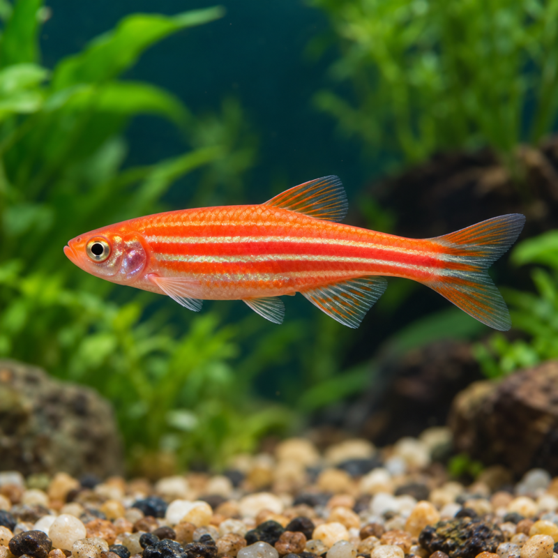 AI-generated reference illustration: pink fluorescent zebra danio with horizontal stripes. Actual stock may vary.