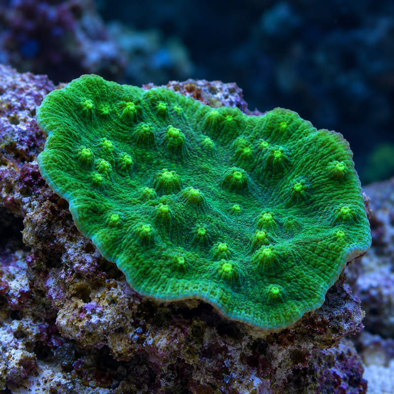 AI-generated reference illustration: green chalice coral colony with textured plate and raised mouths. Actual stock may vary.