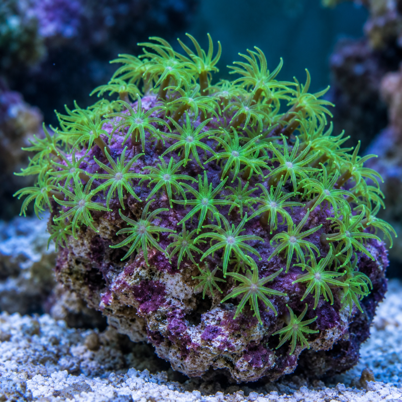 AI-generated reference illustration: green star polyp coral colony with slender green polyps growing from a purple mat. Actual stock may vary.