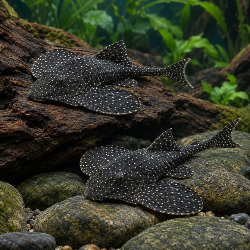 AI-generated reference illustration: two L235 plecos with dark flattened bodies and fine pale spots. Actual stock may vary.