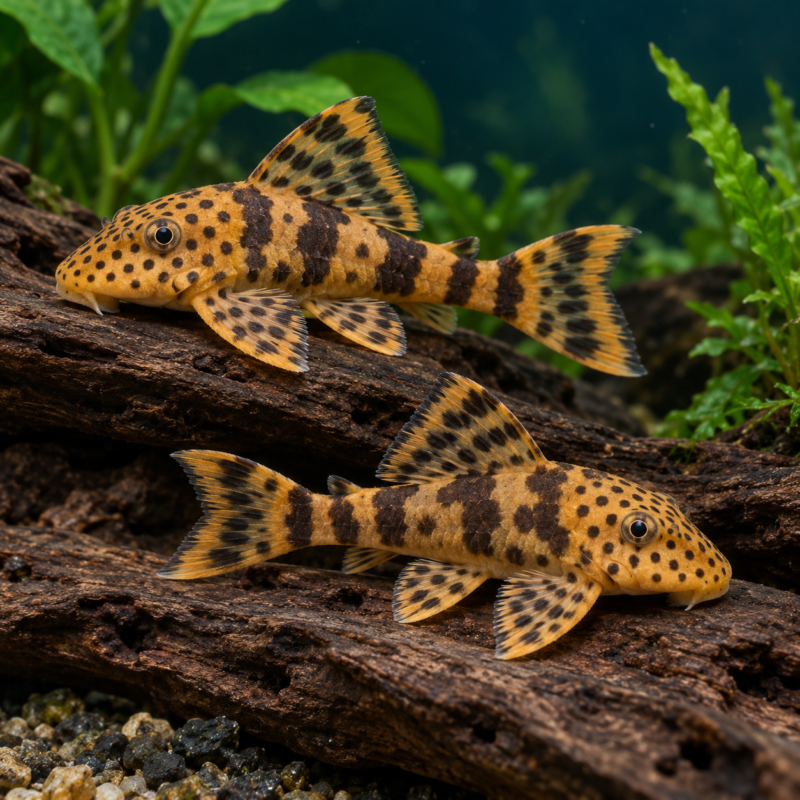 AI-generated reference illustration: two L387 Tangerine Tiger plecos with orange coloration, spotted heads and dark body bands. Actual stock may vary.