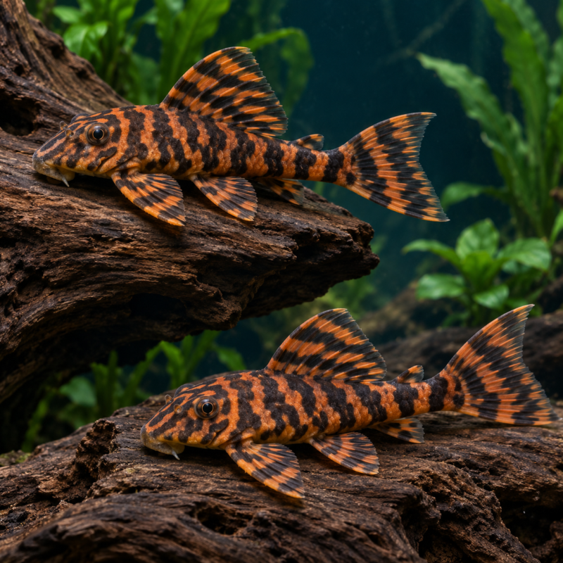 AI-generated reference illustration: two L397 Alenquer Tiger plecos with orange-and-dark bands. Actual stock may vary.