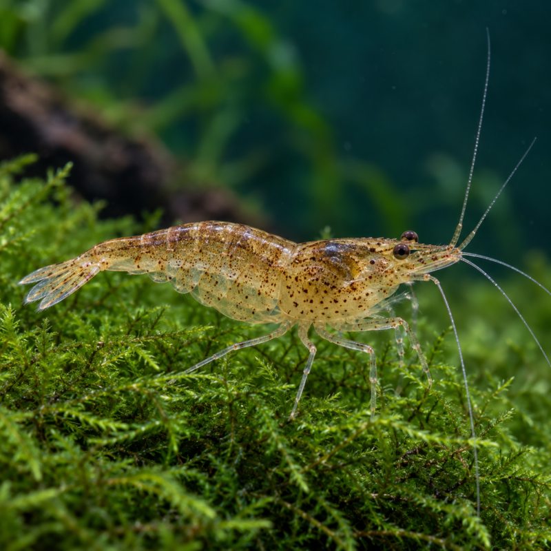 AI-generated reference illustration: Neocaridina freshwater dwarf shrimp on aquatic moss; representative coloration. Actual stock may vary.