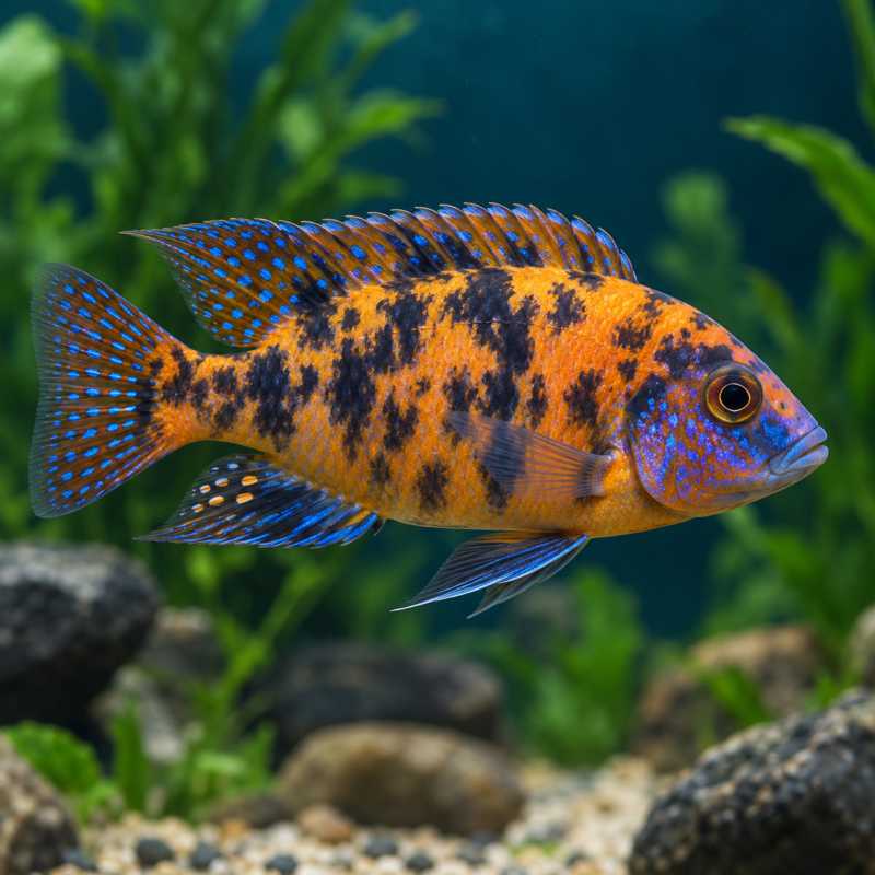 AI-generated reference illustration: orange-blotch peacock cichlid with blue, orange and dark mottled markings. Actual stock may vary.