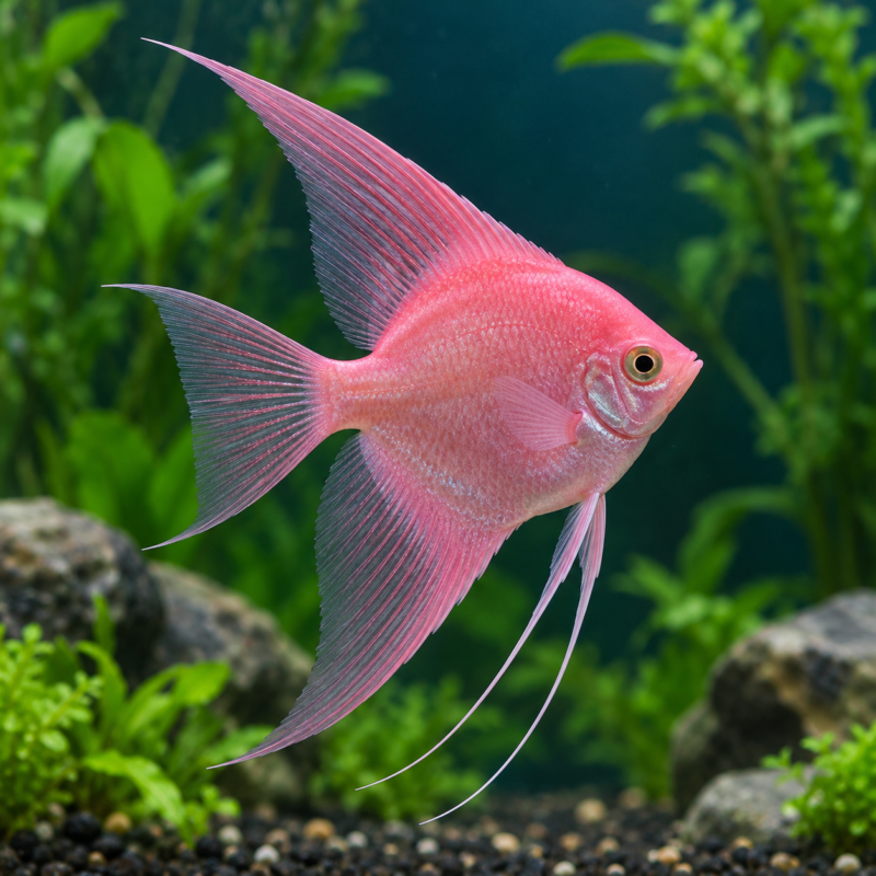 AI-generated reference illustration: pink fluorescent angelfish with long dorsal, anal and ventral fins. Actual stock may vary.
