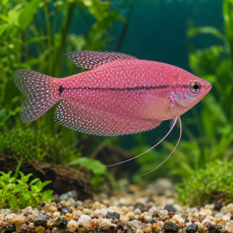 AI-generated reference illustration: pink fluorescent gourami with threadlike pelvic fins. Actual stock may vary.