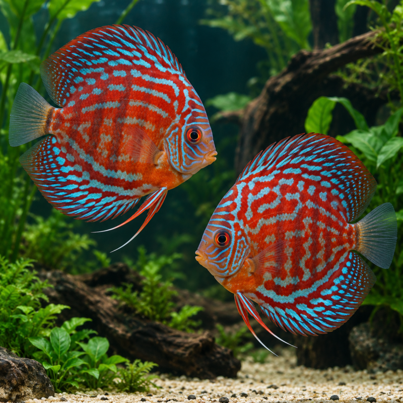 AI-generated reference illustration: two Red Tiger Turquoise discus with red and turquoise wavy stripes. Actual stock may vary.