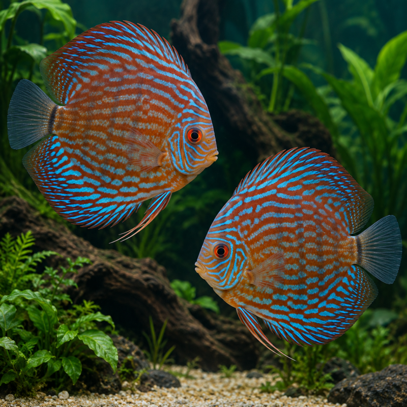 AI-generated reference illustration: two Red Turquoise discus with turquoise wavy markings over red bodies. Actual stock may vary.