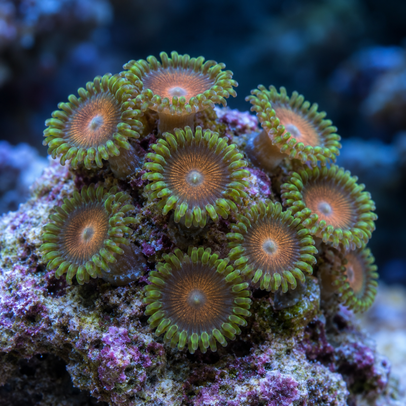AI-generated reference illustration: zoanthid coral colony with green skirts and warm brown-orange centers. Actual stock may vary.